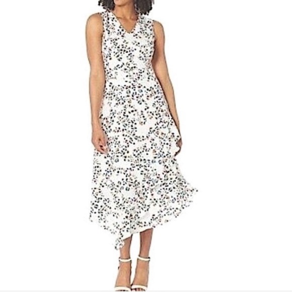 NEW Calvin Klein Chiffon Ditsy Floral Sleeveless V-neck Dress White Multi Size 2 - Picture 1 of 14